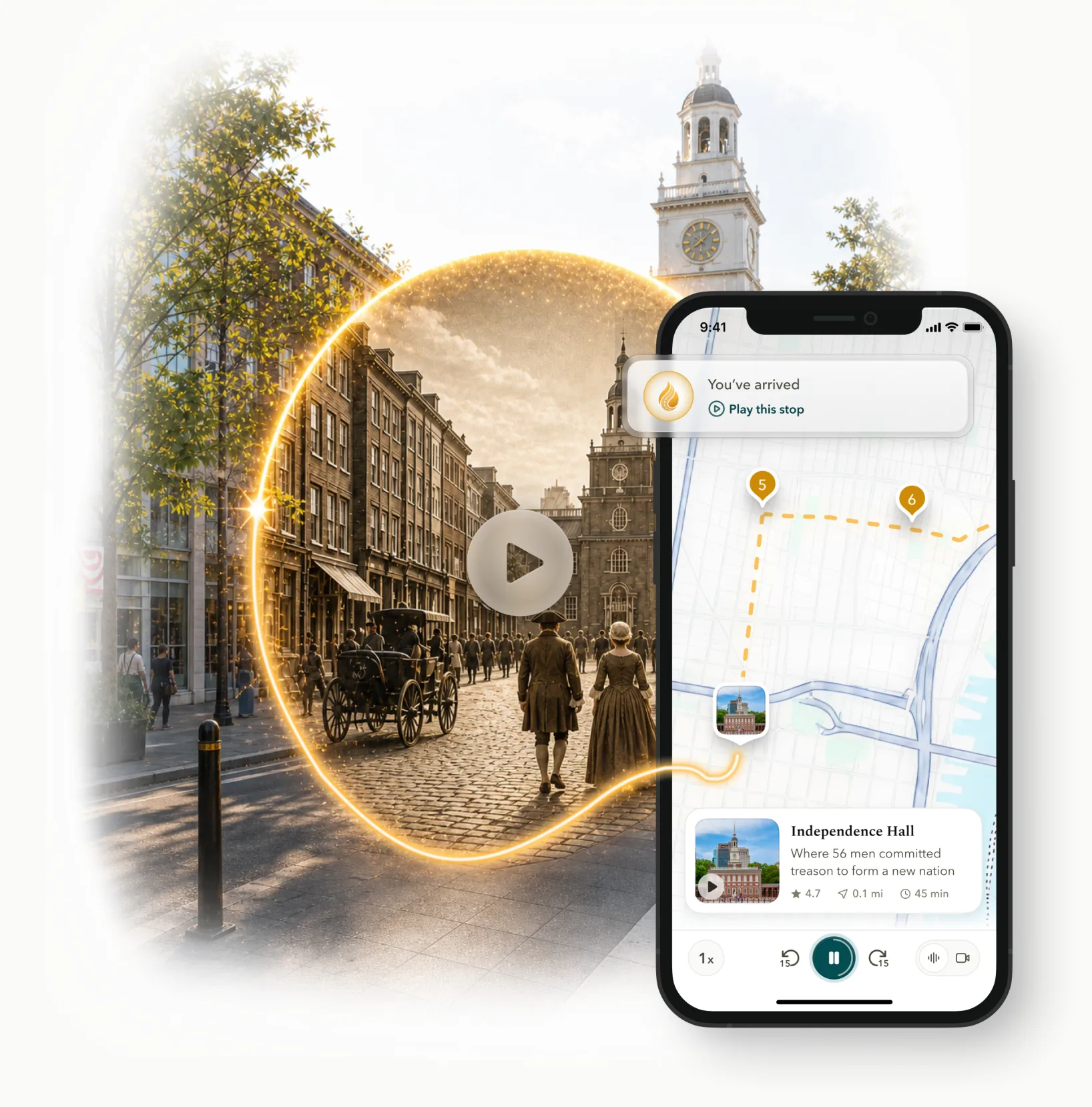 The GenStory app guiding a cinematic walking tour past Independence Hall