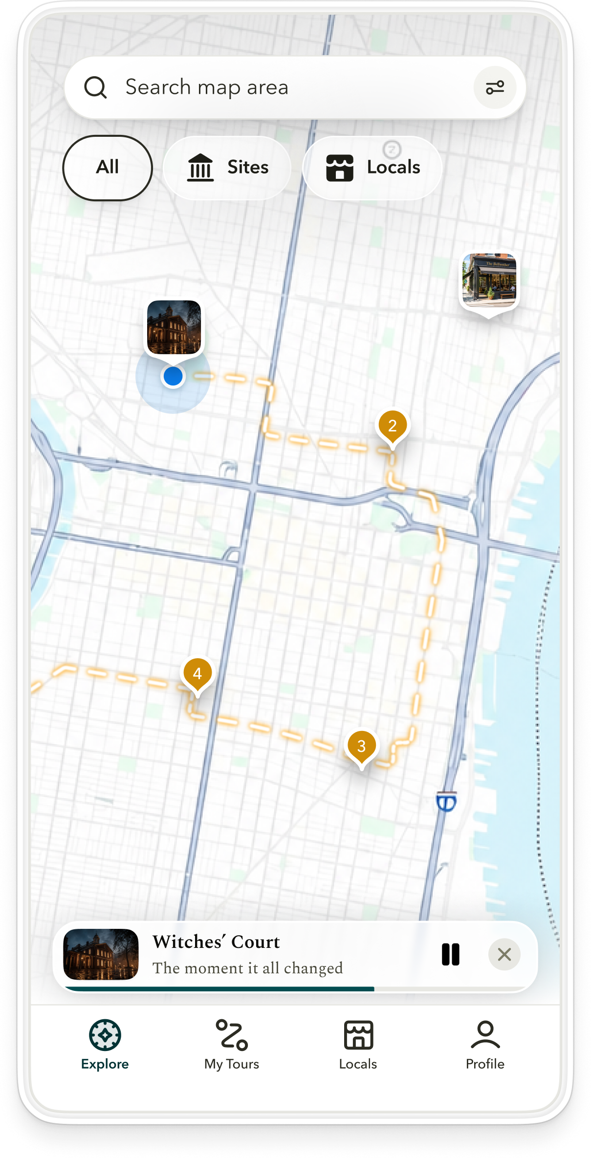 The GenStory map showing sites and locals along a guided walking route